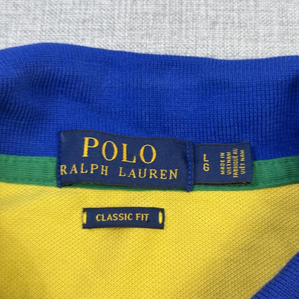 Polo Ralph Lauren Brasil Polo Shirt Mens Large Yellow 100% Cotton Graphic Logo - Picture 2 of 13